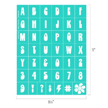 Show details for Tiff’s Font A teal stencil sheet displaying white capital letters A to Z, numbers 0 to 9, and symbols: exclamation mark, question mark, dollar sign, hashtag, and a flower. Dimensions are 8.5 inches by 11 inches.