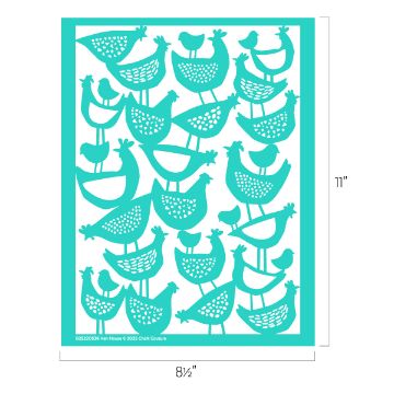 Show details for Hen House A teal template featuring a pattern of various stylized chicken silhouettes, arranged closely together. The dimensions are indicated as 11 inches tall and 8.5 inches wide.