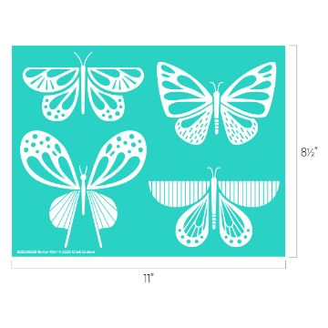Show details for Butter-flyin’ A teal graphic with four white butterfly illustrations, each with unique wing patterns. The dimensions are labeled as 11 inches wide and 8.5 inches tall.