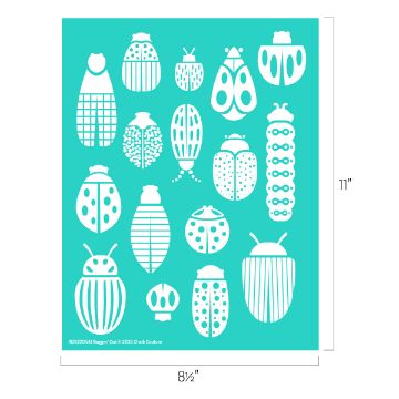 Show details for Buggin’ Out A teal rectangular sheet features white insect stencil designs of various shapes and sizes, including beetles, butterflies, and ladybugs. The sheet measures 8.5 inches by 11 inches.