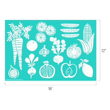 Show details for Grow Your Own Illustration of various white vegetable and fruit outlines on a teal background, including carrots, onions, radishes, citrus slices, peas, corn, tomatoes, figs, pomegranate, leafy greens, and an apple with seeds. Dimensions: 18" x 12".