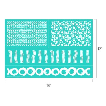 Show details for Ham And Eggs Turquoise stencil sheet measuring 18 inches by 12 inches, featuring various patterns: small circles in the top left, irregular circles in the top right, wavy lines in the bottom left, and large rings in the bottom right.
