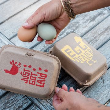 Show details for Egg Dealer Two hands holding a brown and a green egg above two egg cartons on a weathered wooden surface. The cartons have designs: one with a red rooster and text "Just Got Laid," the other with yellow text "Egg Peater.