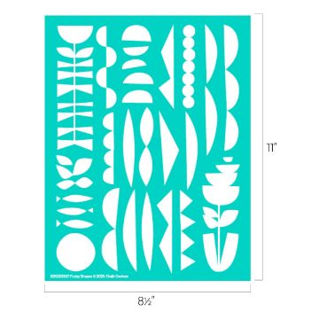 Show details for Funky Shapes A teal stencil sheet with various abstract geometric shapes, such as circles, triangles, and crescents, arranged in vertical columns. Dimensions are labeled as 8.5 inches wide by 11 inches tall.
