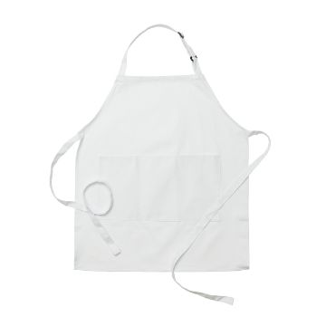 Show details for Cotton Apron (White) A plain white apron with a neck strap, waist ties, and a front pocket is laid flat against a white background.