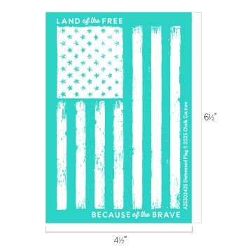 Show details for Distressed Flag Turquoise distressed American flag design with text "Land of the Free" at the top and "Because of the Brave" at the bottom. The image dimensions are 4.5 inches wide by 6.5 inches tall.