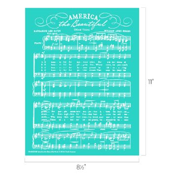 Show details for America The Beautiful Sheet music titled "America the Beautiful" in white text on a teal background, showing musical notes and lyrics for piano and voice. Dimensions are 8.5 inches by 11 inches.