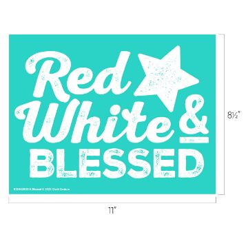 Show details for & Blessed A turquoise rectangular sign with distressed white text reads “Red White & Blessed” alongside a star motif. Dimensions are 11 inches wide and 8.5 inches tall.