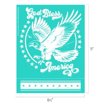 Show details for God Bless America Teal poster featuring a white silhouette of an eagle with wings spread. The text "God Bless America" is written in decorative script. Stars border the bottom. Dimensions shown: 8.5 inches wide by 11 inches tall.