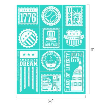 Show details for American Made Minis A sheet of teal and white designs featuring American patriotic symbols and text, including "USA," "1776," "Freedom," the Statue of Liberty, the Capitol, the American flag, and phrases like "Live Free or Die" and "Land of Liberty.