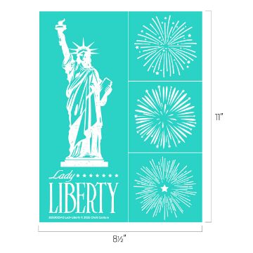 Show details for Lady Liberty Illustration of the Statue of Liberty on the left with "Lady Liberty" text below. On the right, there are three square panels, each showing different styles of firework designs against a teal background.