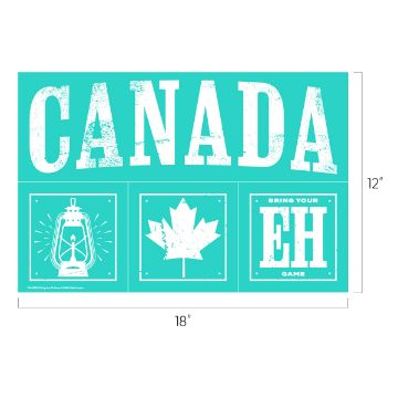 Show details for Bring Your Eh Game Teal poster with white text and images. Top text: "CANADA" in bold, distressed lettering. Bottom row has a lantern, a maple leaf, and "BRING YOUR EH GAME." Dimensions: 18"x12".