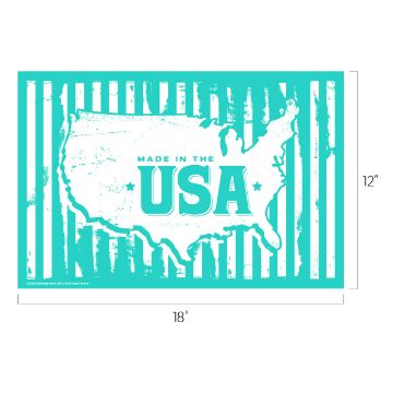 Show details for Made in the USA A turquoise stencil of the USA map with the words "Made in the USA" in bold letters. The map is set against a striped background. The dimensions are 18 inches by 12 inches.