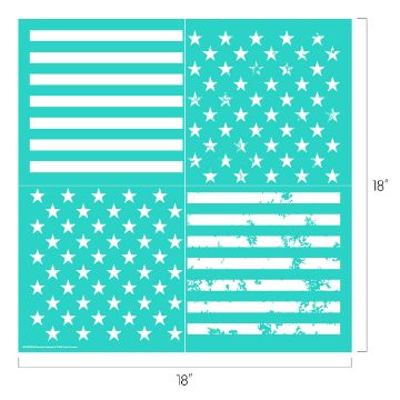 Show details for Patriotic Patterns A square stencil sheet divided into four sections, each with different patterns of stars and stripes. The designs vary with solid and distressed appearances, and the size of the sheet is labeled as 18 inches by 18 inches.