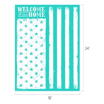 Show details for Patriotic Home A stylized art piece resembling a flag with the words "Welcome to our Home" in the upper left. It features turquoise and white stripes and stars, measuring 18 by 24 inches.