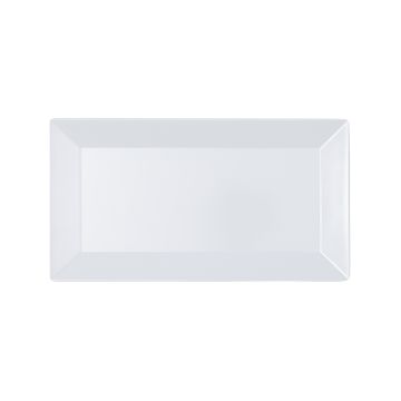 Show details for Melamine Platter (13⅝" x 7⅜") A rectangular white serving platter with a glossy finish and slightly raised edges on a plain white background.