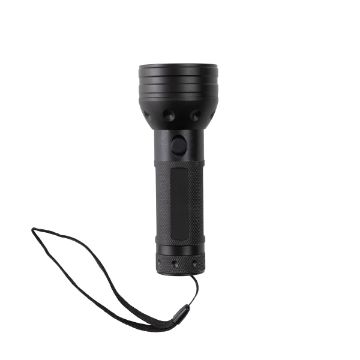 Show details for UV Flashlight A black flashlight with a textured grip and a lanyard attached to the base, positioned upright against a white background.