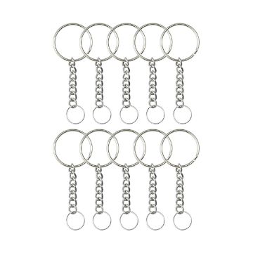 Show details for Keychain Findings Kit A set of twelve identical silver keychains, each featuring a large hoop at the top, a short chain of several interconnected loops, and a smaller hoop at the bottom. They are arranged in two neat rows.