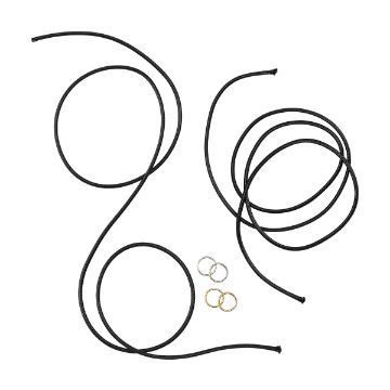 Show details for Jewelry Cord & Findings Kit Black elastic cords with metal rings scattered on a white background. The cords are coiled and twisted into various shapes, while the rings are grouped in sets of three, featuring two golden and two silver-colored rings.