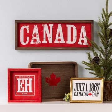Show details for Bring Your Eh Game Decorative display featuring a "Canada" sign, a framed maple leaf, a "Bring Your Eh Game" sign, and a "July 1, 1867 Canada Day" sign. A small evergreen and a white wall complete the scene.