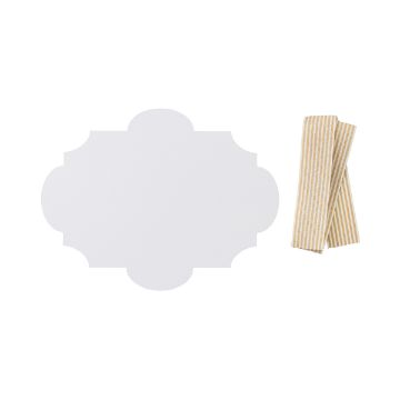 Show details for Couture Boutique® French Provincial Plaque A decorative white paper tag with ornate edges is displayed on the left. To the right, there is a neatly folded, beige and white striped ribbon. Both are set against a plain white background.
