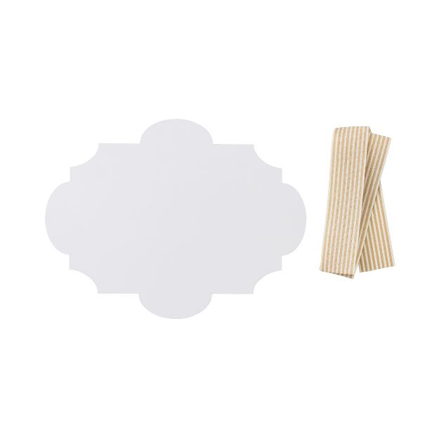 A decorative white paper tag with ornate edges is displayed on the left. To the right, there is a neatly folded, beige and white striped ribbon. Both are set against a plain white background.