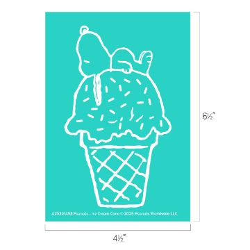 Show details for Peanuts - Ice Cream Cone A teal background features a white outline drawing of Snoopy lounging atop a large ice cream cone. Snoopy is depicted with his arms behind his head, lying on his back, surrounded by sprinkles. Measurements are shown on the right and bottom.