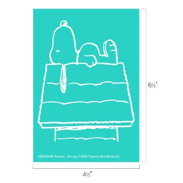 Show details for Peanuts - Snoopy Simple white line drawing of a dog lying on the roof of a doghouse against a teal background. The dog, with its head raised and eyes closed, appears relaxed. Dimensions and copyright information are included at the bottom.