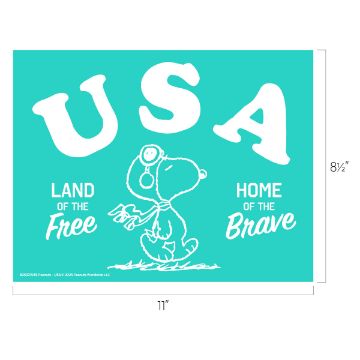 Show details for Peanuts - USA Illustration of Snoopy in sunglasses and a casual pose. The turquoise background features "USA" at the top and "LAND OF THE FREE" on the left, "HOME OF THE BRAVE" on the right. The image is 11 inches wide and 8.5 inches tall.