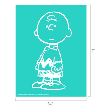 Show details for Peanuts - Charlie Brown Outline of a cartoon character with a round head and zigzag-patterned shirt on a teal background. Dimensions shown are 8.5 inches wide and 11 inches tall.