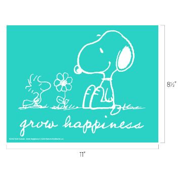 Show details for Peanuts - Grow Happiness White line art drawing of a beagle and a small bird next to a flower on a teal background. The words "grow happiness" are written below the illustration. Dimensions are shown as 11 inches by 8.5 inches.