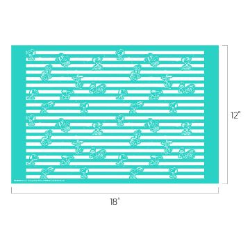 Show details for Peanuts - Snoopy Stripe Pattern A teal rectangular mat, 12 inches by 18 inches, with white horizontal stripes. The stripes feature a repeating pattern of cartoon bunnies in various playful poses.