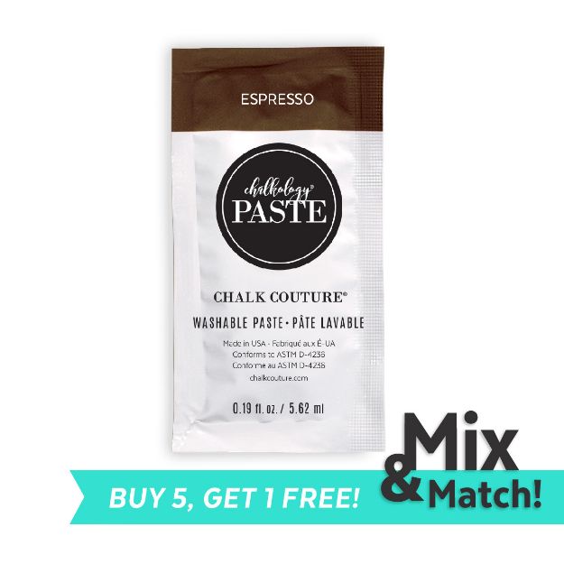 A packet of Chalk Couture Espresso washable paste is shown with a brown and white design. At the bottom, a turquoise banner says “BUY 5, GET 1 FREE!” and “Mix & Match!” is written beside it in black and teal text.