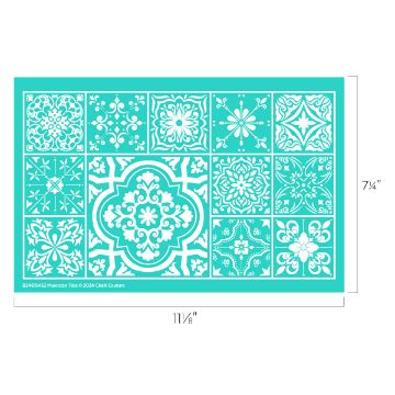 Show details for Moroccan Tiles Teal stencil sheet featuring twelve intricate Moroccan tile designs in white, arranged in a grid. Each tile has a unique geometric or floral pattern. Dimensions are 11 1/8 inches wide by 7 1/4 inches tall.