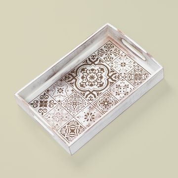 Show details for Moroccan Tiles Rectangular wooden tray with cut-out handles, featuring a mosaic tile pattern in brown and white tones on the base, placed on a light beige background.