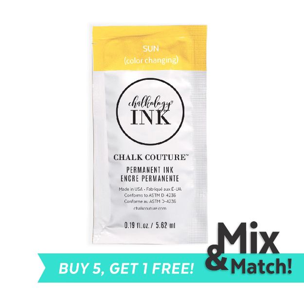 A packet of Chalk Couture permanent ink labeled "Sun (color changing)" is shown. Below, a turquoise banner reads "BUY 5, GET 1 FREE!" with "Mix & Match!" in black text on the right.