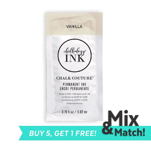 A sachet of Chalkology Ink by Chalk Couture in Vanilla, labeled "Permanent Ink," is shown. A teal banner at the bottom reads "BUY 5, GET 1 FREE!" with "Mix & Match!" in black text on the right.