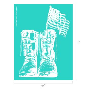 Show details for Veteran A graphic of worn combat boots with an American flag waving behind them, all in white on a teal background. The image measures 8.5 by 11 inches.