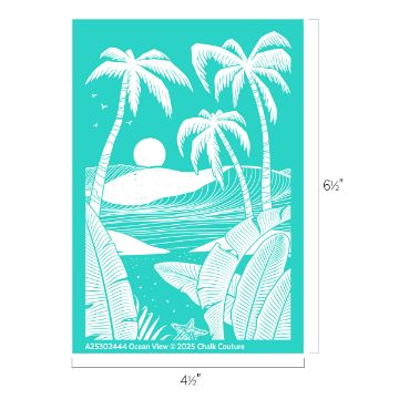 Show details for Ocean View White line art of a tropical beach scene with palm trees, waves, birds, and sun on a teal background. There are large leaves and a starfish in the foreground. Dimensions are 6.5 by 4.5 inches.