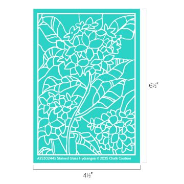 Show details for Stained Glass Hydrangea A turquoise rectangular stencil featuring a stained glass-style hydrangea flower design with large leaves. The stencil measures 6½ inches tall by 4½ inches wide.