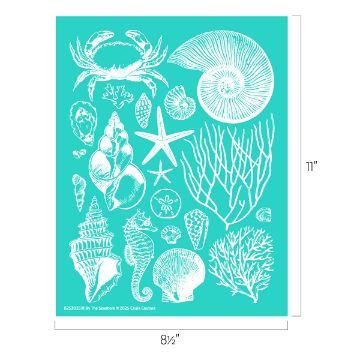 Show details for By The Seashore A turquoise rectangle with white illustrations of various seashells, a crab, starfish, coral, and other sea life. Dimensions shown are 8.5 inches wide by 11 inches tall.