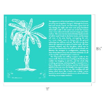 Show details for Treasure Island A turquoise and white graphic showing a palm tree on the left and an excerpt of text on the right. The image dimensions are labeled as 8.5 inches tall by 11 inches wide.