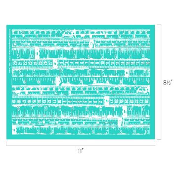 Show details for Vintage Ruler Pattern A turquoise rectangular sheet, 11 inches wide by 8.5 inches tall, featuring a repeating pattern of white vintage rulers and measuring tapes in various orientations.
