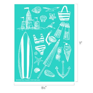 Show details for Beach Essentials A teal sheet with white line drawings of beach items, including a sandcastle, surfboard, anchor, seashells, beach bag, snorkel, flippers, swimsuit, sunglasses, ice cream, and starfish. Dimensions: 8.5" x 11".