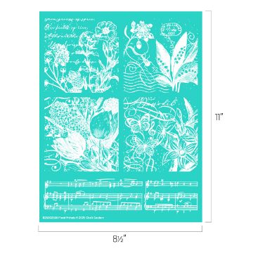 Show details for Floral Melody A teal stencil sheet with white botanical sketches, musical notes, handwritten text, and various flowers and leaves. Dimensions are 8.5 inches wide by 11 inches tall.