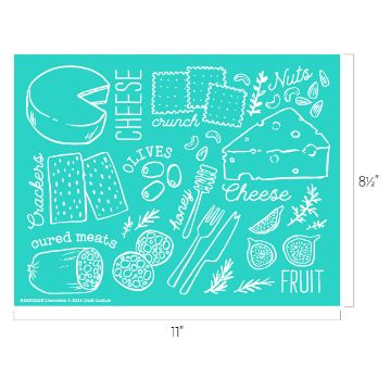 Show details for Charcuterie Teal illustration showing cheese, crackers, cured meats, olives, nuts, fruit, herbs, and utensils, with each item labeled in playful handwritten text and outlined in white. Dimensions are 11" wide by 8.5" tall.