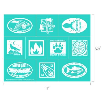 Show details for Wilderness Patches A teal sheet featuring nine rectangular wilderness-themed patch designs, including a bird, axes, wolf, campfire, paw print, compass, fish, a can, and slogans like "Never Lost" and "Wander Often." Dimensions: 11" x 8.5".