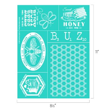Show details for Busy Bees Teal stencil sheet with honeycomb, a bee, a butterfly, stacked honeycomb, and text: “Busy Bees,” “Sweet Honey Est. 1996,” “Bubble & Co Bee Farm,” and bee-related scientific symbols. Sheet is 8.5"x11".
