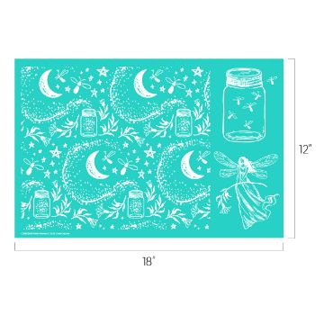 Show details for Firefly Fantasy Teal stencil sheet with white designs showing crescent moons, fireflies, stars, swirling patterns, a mason jar, leafy branches, and a fairy with wings. The sheet measures 18 inches by 12 inches.
