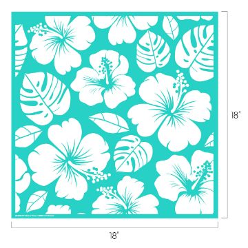 Show details for Hibiscus Pattern A square pattern measuring 18 by 18 inches features white hibiscus flowers and tropical leaves on a teal background.